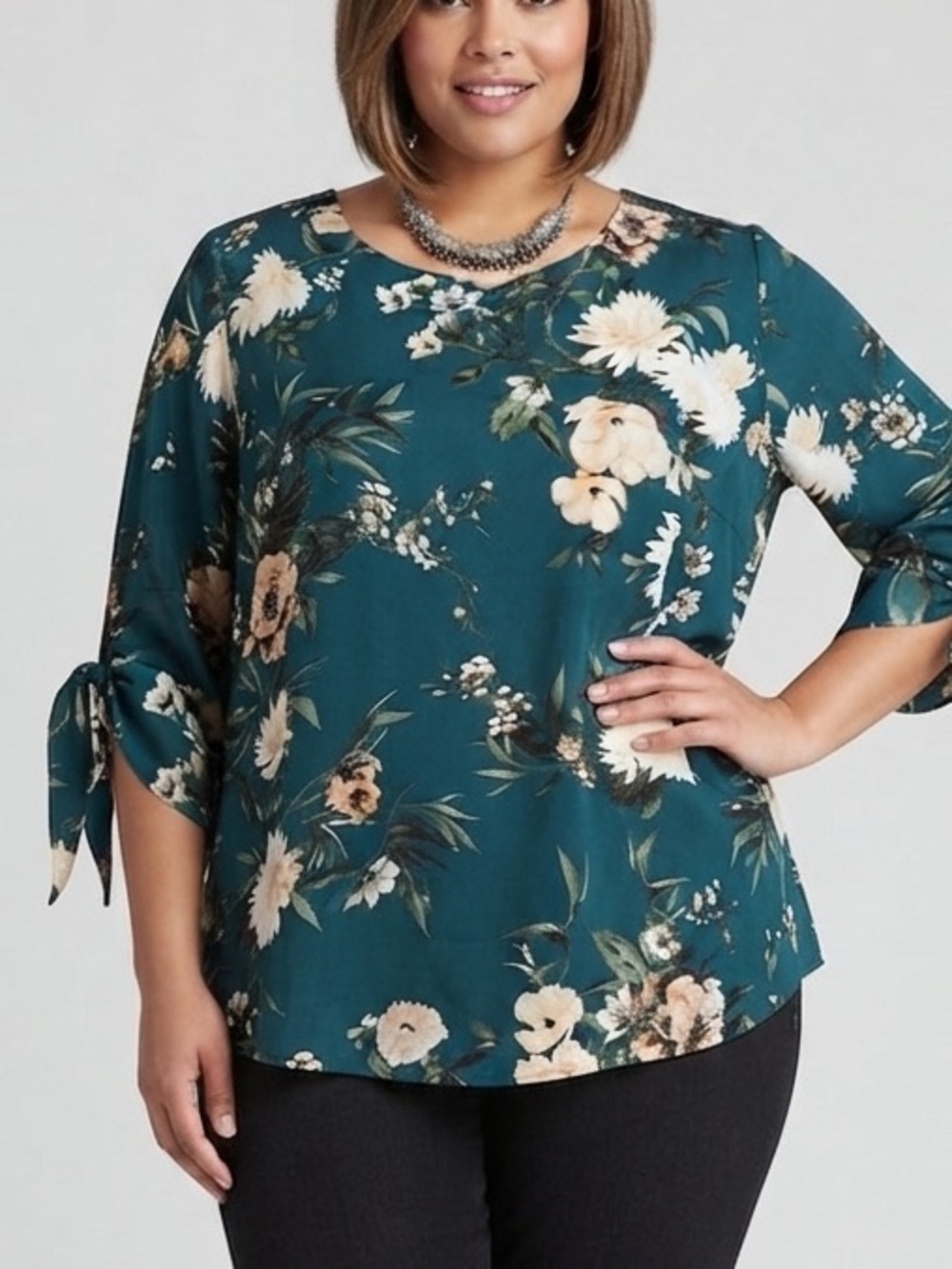 AMANDA GREEN Green Floral Long Tie Sleeve Blouse XL